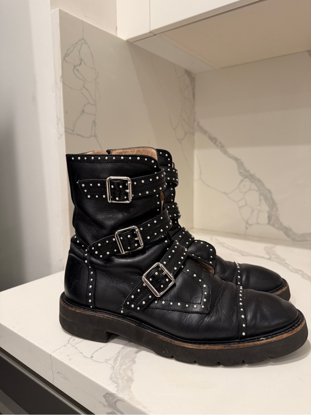 Stuart Weitzman Black Studded Buckle Leather Ankle Booties